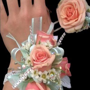 Teal & Baby Pink Rose Glitz  Prom Corsage & Boutonniere Set